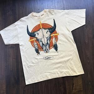 Vintage 1988 Taos New Mexico Native American Feathered Bull Western Graphic T XL